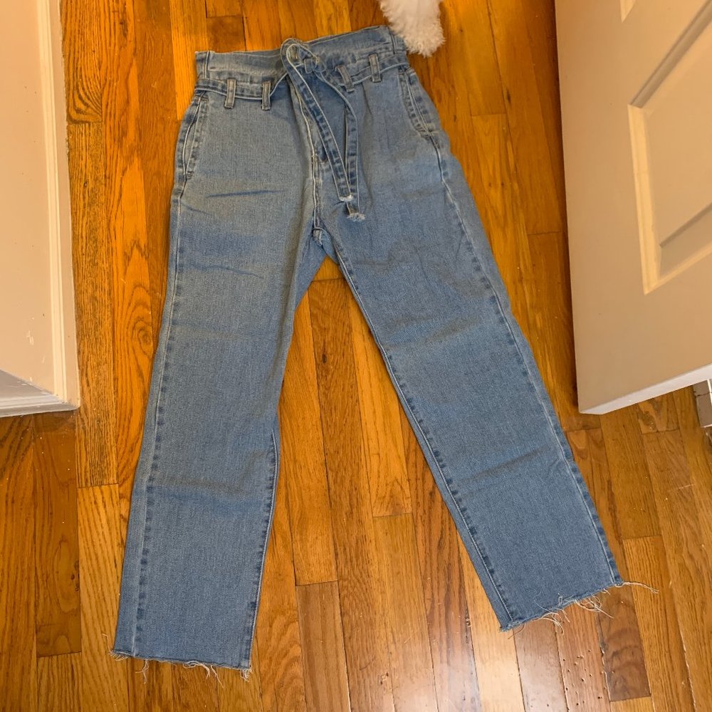 Tie High Waist Paperboy Jeans Raw Hem